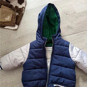 Carter's Navy and White Puffer Jacket with Green Hood